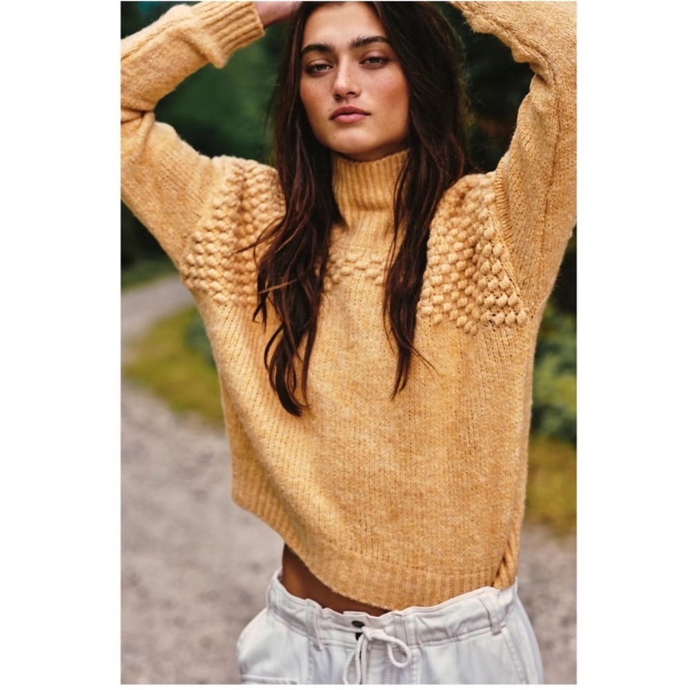 Free People Bradley Pullover Knit Funnel Neck Textured Bobble Sweater Honey XL